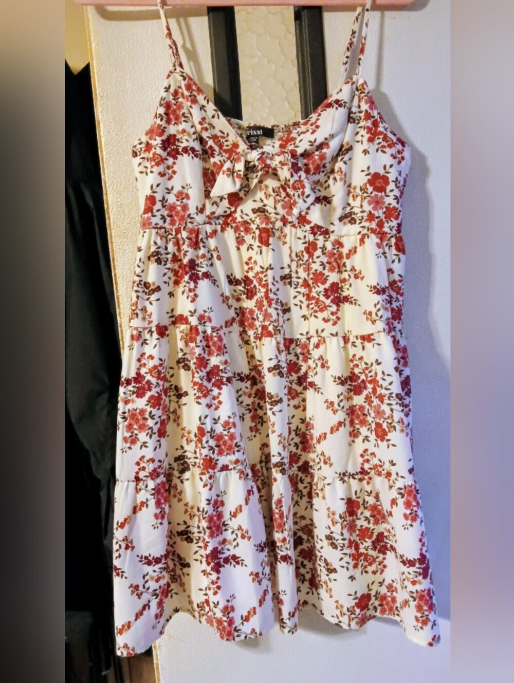 Trixxi Floral White Red Brown Sundress Spaghetti Straps Bow Front Lined Sz L